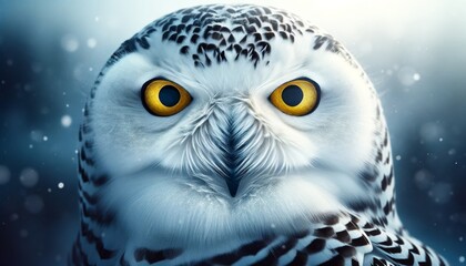 A close-up of a snowy owl's face, highlighting its piercing yellow eyes and the intricate patterns of its feathers.