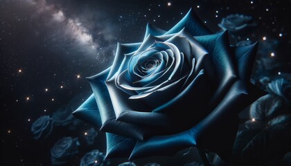 A close-up image of a midnight blue rose with silver-edged petals against a dark, starry background. - obrazy, fototapety, plakaty