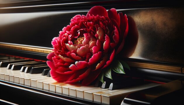 This image captures a vibrant, ruby-red peony with gold flecks on the petals, placed on an elegant ebony piano.