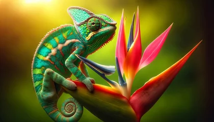 Foto op Canvas A chameleon perched delicately on the petal of a vibrant tropical flower. © FantasyLand86