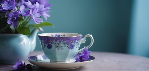Springtime Tea Elegance. Pastel Floral Still Life Scene