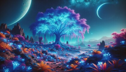 Fototapeta na wymiar Conjure the image of a vibrant tree on an alien planet, where the foliage is bioluminescent, casting a surreal glow over the peculiar landscape.