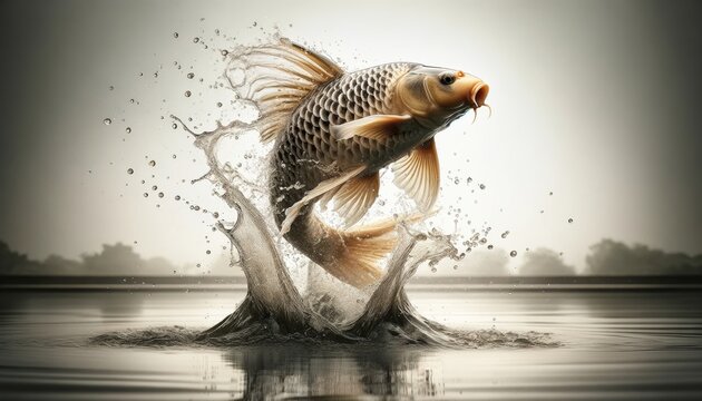 A dynamic image of koi fish jumping out of the water, with water droplets frozen in motion around them.