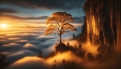 Envision a solitary, majestic tree perched on the edge of a towering cliff, its branches heavy with...