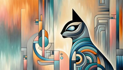 A close-up of a modern abstract painting, depicting a stylized cat with elements inspired by Egyptian motifs and hieroglyphs.