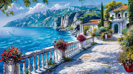 Idyllic European summer landscape in Italy, painted in vibrant colors, capturing the essence of vacation, art, and architecture - obrazy, fototapety, plakaty