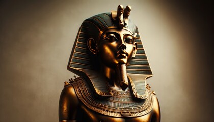 A close-up of a bronze statue of an ancient Egyptian god in humanoid form, wearing elaborate gold jewelry and a headdress. - obrazy, fototapety, plakaty