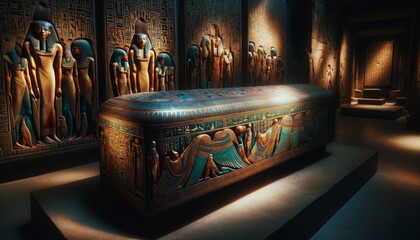 A close-up of an intricately carved sarcophagus, the focus is on the craftsmanship, featuring rich and detailed hieroglyphs and images of ancient Egyp.