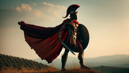 A solitary Spartan warrior stands atop a hill, the wind gently tugging at his crimson cape. - obrazy, fototapety, plakaty