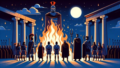 An image focusing on the grand funeral pyre of Patroclus, with Achilles leading the mourning rites.