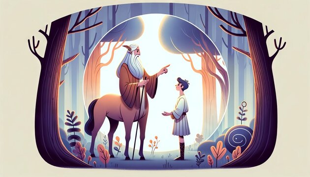 A serene yet powerful image of the centaur Chiron, the wise healer and teacher, instructing a young Patroclus in the arts of medicine and philosophy.