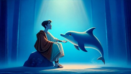A whimsical, animated art style depiction of the lesser-known story of Peleus being rescued by a dolphin when he was thrown into the sea.