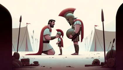 A whimsical, animated art style depiction of Telamon preparing his son Ajax for the Trojan War or receiving news of the war's progress.