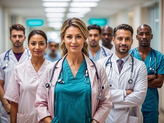 portrait of a diverse multi-ethnic medical team of surgeons, doctors with stethoscope and nurses in the hospital corridor