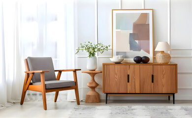 Fototapeta na wymiar Stylish compositon of modern living room interior with frotte armchair, wooden commode, side table and elegant home accessories. Home staging. Template. Copy space..Dining room in the background.. 