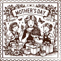 Old Postcard Mother's Day Engraving Style