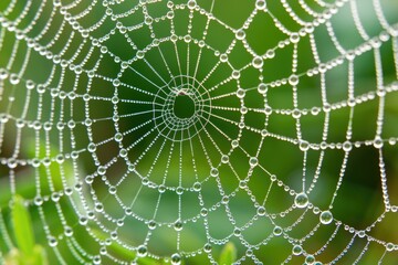 Fototapeta premium spider web with dewdrops on it. The droplets are distributed along the web's strands, likely captured in a close-up with a natural green backdrop, emphasizing the intricate details and pattern