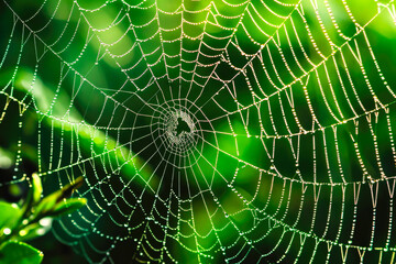 Naklejka premium spider web with dewdrops on it. The droplets are distributed along the web's strands, likely captured in a close-up with a natural green backdrop, emphasizing the intricate details and pattern