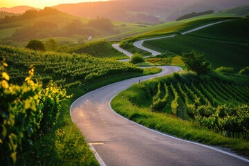 A winding road in what looks to be a German vineyard during sunrise or sunset, with the light...