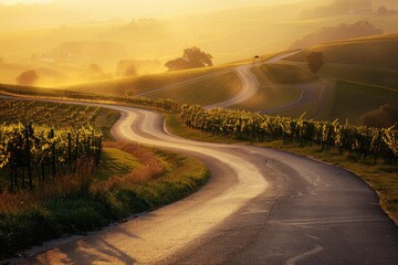 A winding road in what looks to be a German vineyard during sunrise or sunset, with the light...