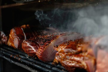 A close-up of freshly smoked ham in a smokehouse, the smoke curling around the meat which implies the traditional method of smoking for flavor enhancement and preservation