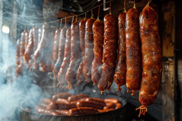 a process of smoking sausage. The sausages hang in a smokehouse, with clouds of smoke rising up to envelop the hanging meat