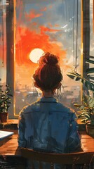 Pensive Woman Gazing Out Window at Vibrant Sunset City Skyline Reflection
