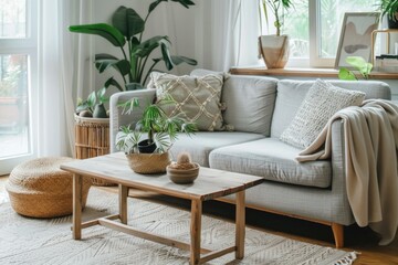 a light-filled living room with a grey sofa, wooden coffee table, and big window. The minimalist decor and the plants add a touch of nature and simplicity to the room