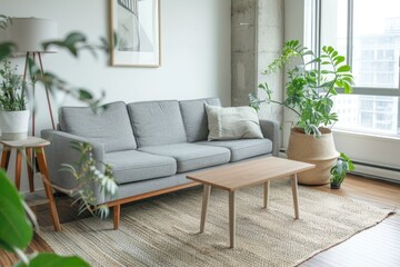 a light-filled living room with a grey sofa, wooden coffee table, and big window. The minimalist decor and the plants add a touch of nature and simplicity to the room