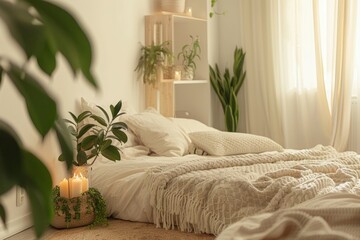 an elegantly designed bedroom with a comfortable bed, a shelving unit, burning candles, and houseplants near a white wall. The room's neutral palette and natural elements evoke a calm and relaxing
