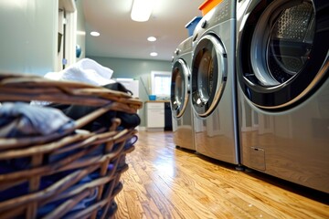 a laundry room with a basket full of dirty clothes placed on the floor in front of two washing machines. A detergent bottle is visible beside the machines, indicating the setting for domestic chores - obrazy, fototapety, plakaty