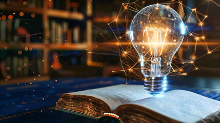 Inspiration and Knowledge Concept, Open Book with Lightbulb, Symbol of Ideas and Learning