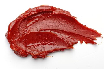 Fototapeta premium A sample of tomato paste spread on a white background, showcasing the texture and color of the product, commonly used in culinary settings for ingredient highlighting or food advertising