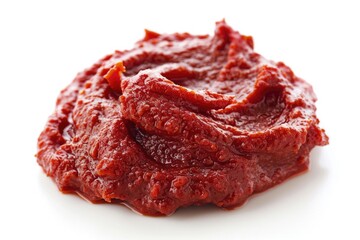 A sample of tomato paste spread on a white background, showcasing the texture and color of the product, commonly used in culinary settings for ingredient highlighting or food advertising