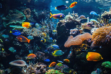 An underwater scene full of vibrant colors, with marine life including fish and coral, showcasing the biodiversity and beauty of a coral reef ecosystem