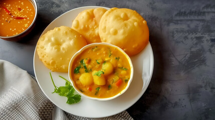 Aloo Puri - Indian Breakfast with Potato Curry and Deep-Fried Puri