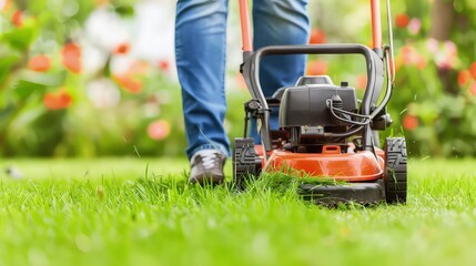 Lawn mower on grass in garden. The vibrant green grass forms a picturesque backdrop for the powerful lawn mower. - obrazy, fototapety, plakaty