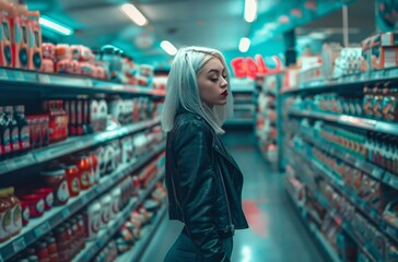 woman with white hair, wearing black leather jacket and jeans standing in the middle isle at store - obrazy, fototapety, plakaty