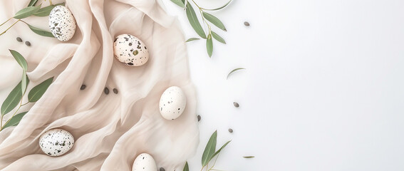 Happy Easter banner with easter eggs in nest and spring flowers.Nature eco Easter background with copy space. Flat lay,easter banner,happy easter background,easter zero waste,eco friendly