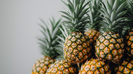 A stack of fresh pineapples with their green tops.