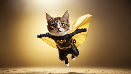Hovering and flying cute kitten with special superpowers in superhero costume and superhero pose