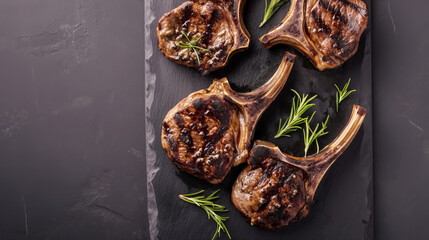 Grilled lamb chops on a slate platter, top view, on a  light grey background.