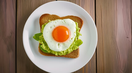 Poached Egg on Bread with Avocado Butter and Salad Leaf on a White Plate