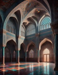 Serene Mosque Interior, Elegant Arches Illuminated by Soft Light, Generative AI