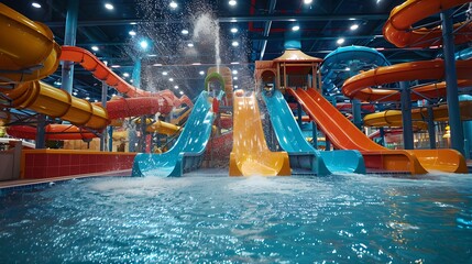 Colorful indoor water park with exciting slides and pools. Perfect for family fun and vacations. Bright, vibrant leisure destination. AI