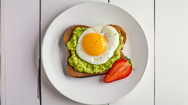 Poached Egg on Bread with Avocado Butter and Salad Leaf on a White Plate