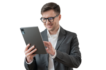 A business man manager uses a tablet, transparent isolated background.