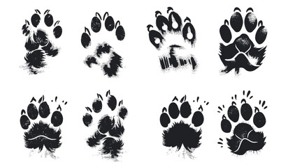 Obraz premium 動物の足跡跡。動物の足のシルエット、野生動物のペットと農場の小道、鳥の足音。白い背景ベクトルを設定に分離された自然フット トラックを歩くブラシ