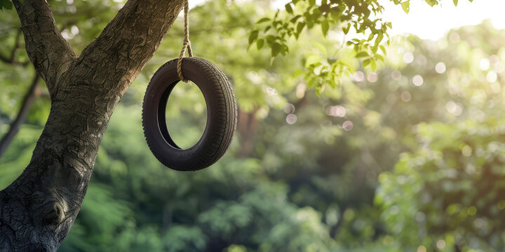 Serenity with Hanging Tire Swing in sunshine, copy space. Empty tire swing hangs from a tree, evoking nostalgic summer days, childhood.