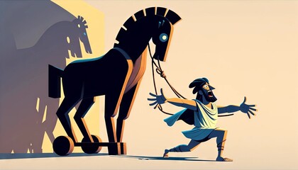 A whimsical, animated art style depiction of Laocoon in a dynamic pose, arms outstretched towards the viewer as if warning against the Trojan horse, w.